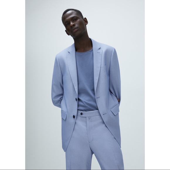 ZARA Cool Comfort Wool Blend Textured Woven Lined Preppy Suit Blazer Light Blue - Picture 2 of 16